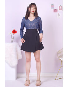 Fine Lace Overlay Long Sleeve Front Addiction Layer Playsuit (Grey Blue + Black)